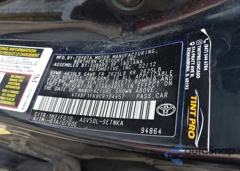 2012 Toyota Camry Le z USA, uszkodzony, nr VIN 4T4BF1FK8CR194457